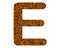 Glittery brown letter E on a white isolated background