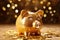 Glittery golden Piggy bank on shiny background with coins. Generative AI