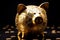 Glittery golden Piggy bank on shiny background with coins. Generative AI