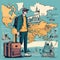 Global Adventures Await: Traveler with Passport and Suitcase in front of World Map