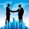 Global business background, with businessmen handshaking