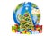 Global Christmas and New Year concept. Earth Globe with Christmas tree and gift boxes, 3D rendering