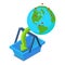 Global consumerism icon isometric vector. Globe shopping basket green down arrow