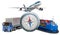 Global delivery concept. Compass with truck, airplane and cargo ship. 3D rendering