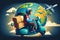 Global Delivery stylized illustration of a courier delivering packages across the world, with the planet depicted in the