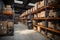 Global distribution 3D render warehouse with shelves full of stowed merchandise