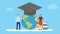 Global education concept with people and globe with graduation hat modern flat style