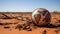 Global environmental crisis. Deflated ball in form of Earth globe on the abandoned on dry, cracked desert desert soil