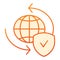 Global exchange flat icon. Planet with shield orange icons in trendy flat style. World globe and tick gradient style