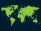 Global flight chart concept, green world map, plane fly in sky, vector illustration on dark background
