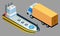 Global freight transportation. Flat design vector automobile cargo truck and a ship isolated