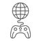 Global game thin line icon, play and world, globe with joystick sign, vector graphics, a linear pattern on a white