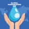 Global handwashing day campaign with hands protecting water drop in earth planet