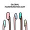 Global handwashing day poster in cartoon doodle style different colors skin soaps