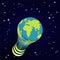 Global idea concept vector illustration, lightbulb shaped as a globe on starry space sky background