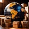 Global international logistics and delivery, shown by globe surrounded by cardboard boxes