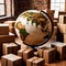 Global international logistics and delivery, shown by globe surrounded by cardboard boxes