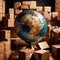 Global international logistics and delivery, shown by globe surrounded by cardboard boxes