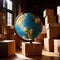 Global international logistics and delivery, shown by globe surrounded by cardboard boxes