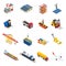 Global logistics isometric icons set of different transportation distribution vehicles and delivery elements isolated