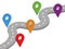 Global logistics network concept. The gray road with five geolocation icons on white background. Logistic template