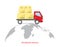 Global logistics network. Worldwide delivery concept. Truck with a cardboard boxes rides along a stylized globe