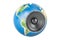 Global musical concept, Earth globe with loudspeaker. 3D rendering