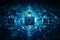 Global net security and blockchain network concept with digital blue padlocks in hexagonal grid on dark background with