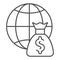 Global payment thin line icon. Globe and money bag vector illustration isolated on white. World budget outline style