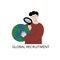 Global recruitment concept. Man looking through magnifying glass on the globe and doing international recruiting.