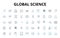 Global science linear icons set. Discovery, Innovation, Exploration, Advancement, Research, Technology, Breakthrough