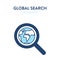 Global search icon. Vector illustration of a magnifier tool with earth globe symbol inside. Represents concept of online