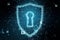 Global security concept with digital keyhole sign made from small glowing elements at dark background