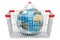 Global shopping concept. Metallic shopping basket with Earth Globe, 3D rendering