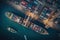 Global Trade Routes aerial view of a busy shipping port with container ships, cranes, and cargo boxes