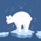 Global warming. Cartoon doodle illustration of a sad bear on melted ice with snow decoration. World problem