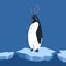 Global warming. Cartoon doodle illustration of a sad fries penguin on melting cracked ice with water drops. World problem.