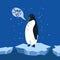 Global warming. Cartoon doodle illustration of a sad penguin on melting ice with speech bubble. Save us. World problem