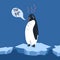 Global warming. Cartoon doodle illustration of a sad penguin on melting ice with speech bubble. Too hot. World problem with call