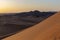 Global warming concept. Lonely sand dunes under dramatic evening