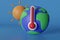 Global warming concept : Rising global temperatures. Earth, Sun model with thermometer on orange background. 3d illustration