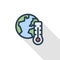 Global warming, earth, thermometer thin line flat color icon. Linear vector symbol. Colorful long shadow design.