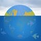 Global warming Illustration concept,Drowning world on the ocean