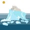 Global warming and melting glaciers concept. A polar bear lies on a glacier Vector illustration.