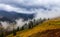 Global warming. mountain landscape. Clouds and fog