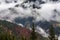 Global warming. mountain landscape. Clouds and fog