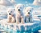 Global Warming Three Young Polar Bears North Pole Stranded Floating Ice island Melting Climate Change AI Generated