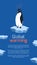 Global warming. Vertical card with cartoon doodle illustration of sad penguin on melting cracked ice. World problem.