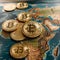 Global wealth Golden bitcoins strategically placed on the world map