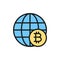 Global world with bitcoin coin, blockchain, crypto network flat color icon.
